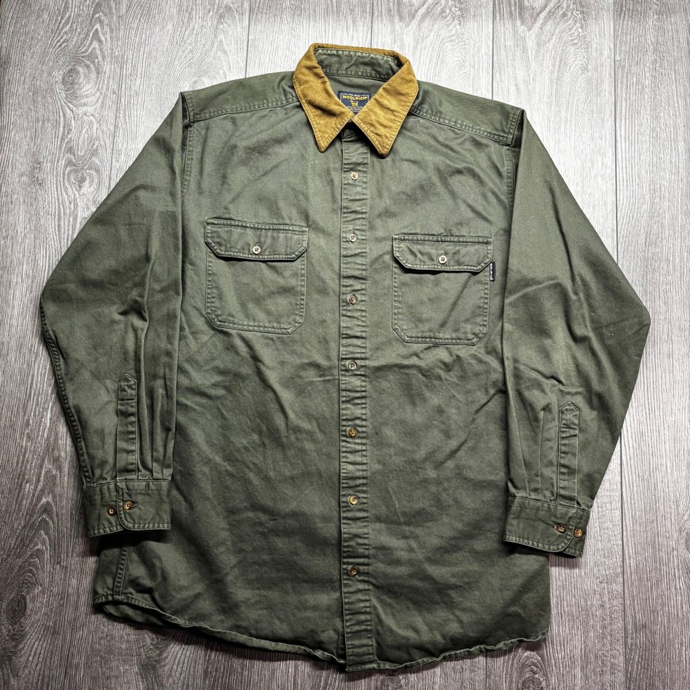 Woolrich Vintage Mens XL Olive Green Twill Button Down Shirt Corduroy Collar